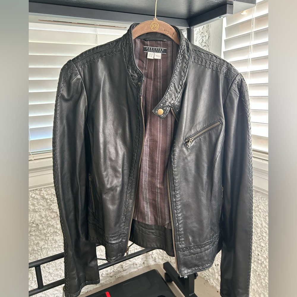 Peruvian Connection Black 100% Leather Jacket with Whipstitch Detailing